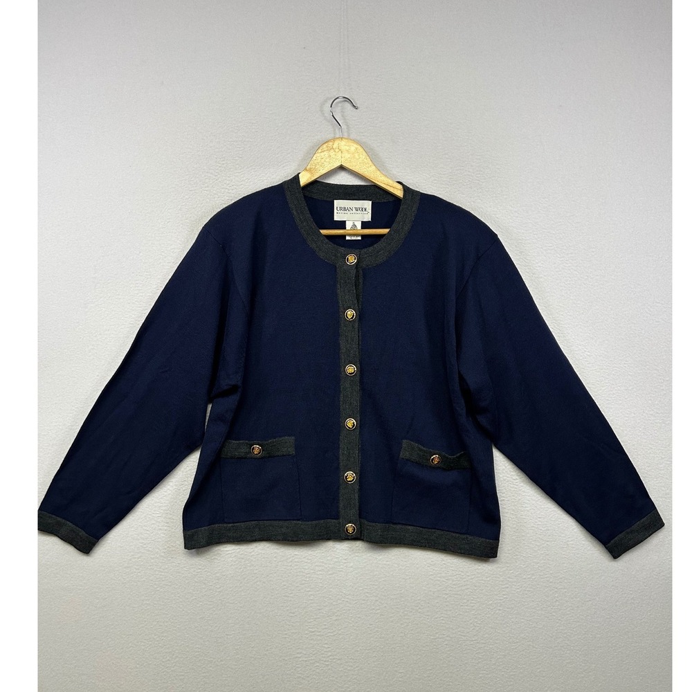 Old Money Urban Wool Womens XL Navy Blue Contrast Trim Crest Button Cardigan
